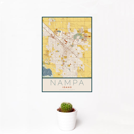 12x18 Nampa Idaho Map Print Portrait Orientation in Woodblock Style With Small Cactus Plant in White Planter