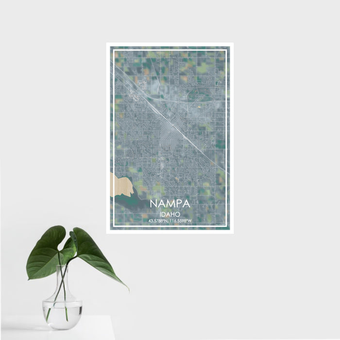16x24 Nampa Idaho Map Print Portrait Orientation in Afternoon Style With Tropical Plant Leaves in Water