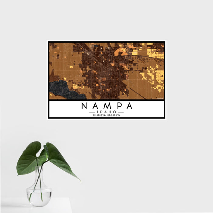 16x24 Nampa Idaho Map Print Landscape Orientation in Ember Style With Tropical Plant Leaves in Water