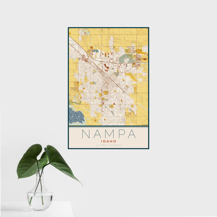 16x24 Nampa Idaho Map Print Portrait Orientation in Woodblock Style With Tropical Plant Leaves in Water