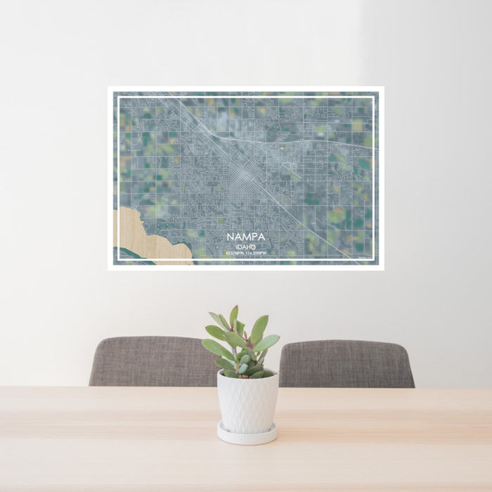 24x36 Nampa Idaho Map Print Lanscape Orientation in Afternoon Style Behind 2 Chairs Table and Potted Plant