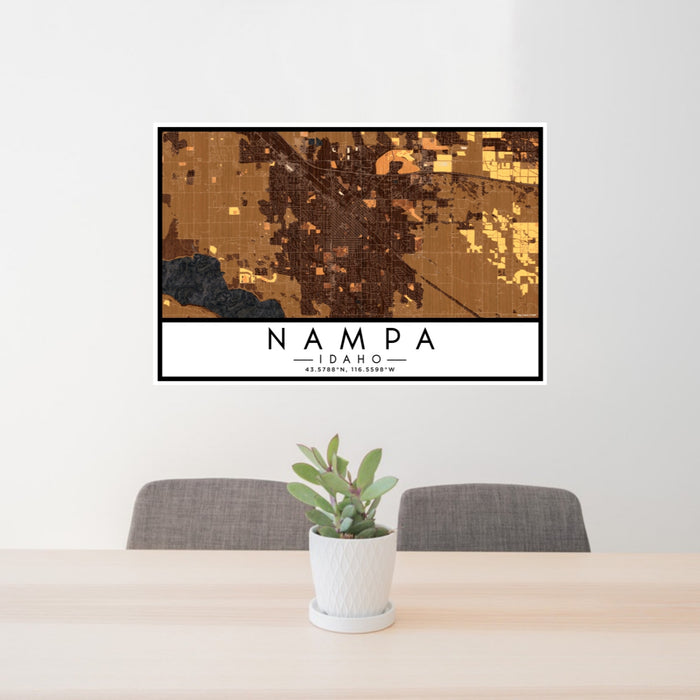 24x36 Nampa Idaho Map Print Lanscape Orientation in Ember Style Behind 2 Chairs Table and Potted Plant