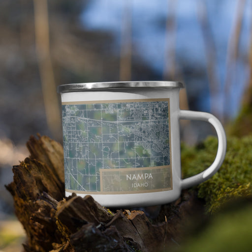 Right View Custom Nampa Idaho Map Enamel Mug in Afternoon on Grass With Trees in Background