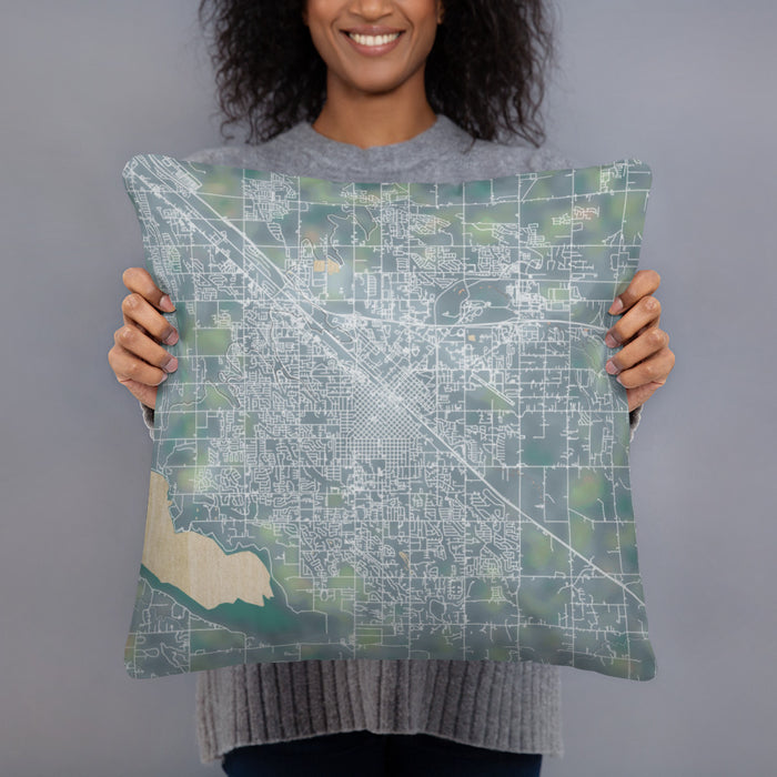 Person holding 18x18 Custom Nampa Idaho Map Throw Pillow in Afternoon