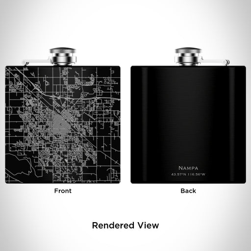 Rendered View of Nampa Idaho Map Engraving on 6oz Stainless Steel Flask in Black