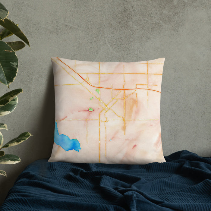 Custom Nampa Idaho Map Throw Pillow in Watercolor on Bedding Against Wall