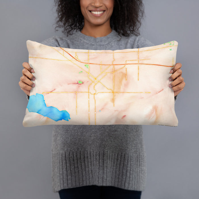 Person holding 20x12 Custom Nampa Idaho Map Throw Pillow in Watercolor
