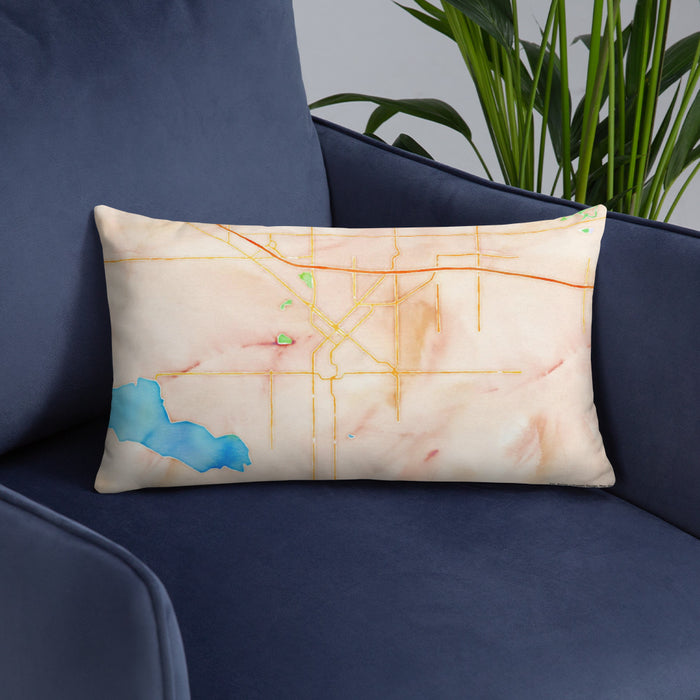 Custom Nampa Idaho Map Throw Pillow in Watercolor on Blue Colored Chair