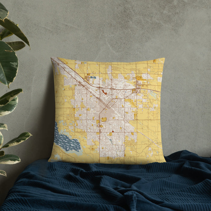 Custom Nampa Idaho Map Throw Pillow in Woodblock on Bedding Against Wall