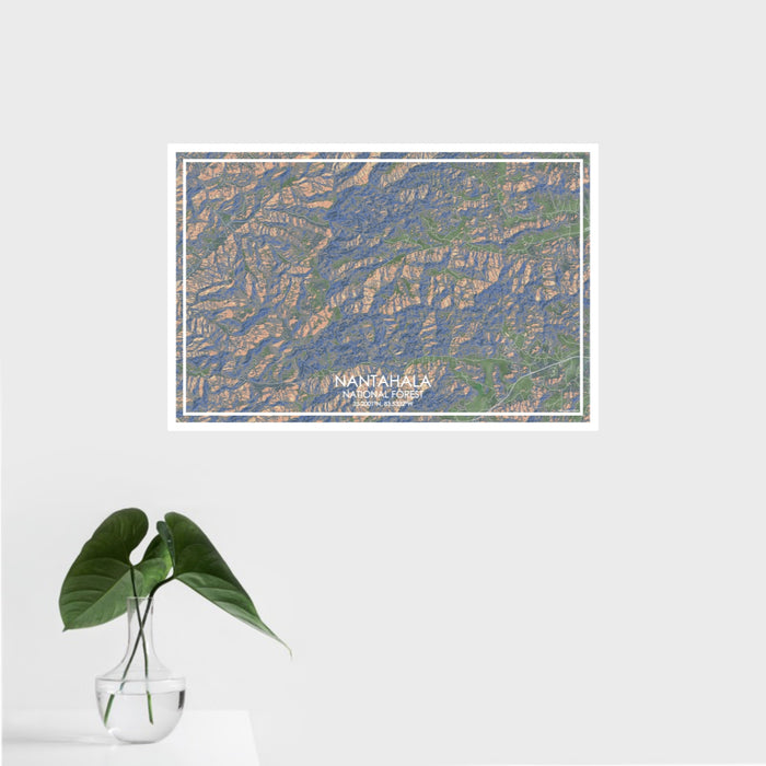 16x24 Nantahala National Forest Map Print Landscape Orientation in Afternoon Style With Tropical Plant Leaves in Water