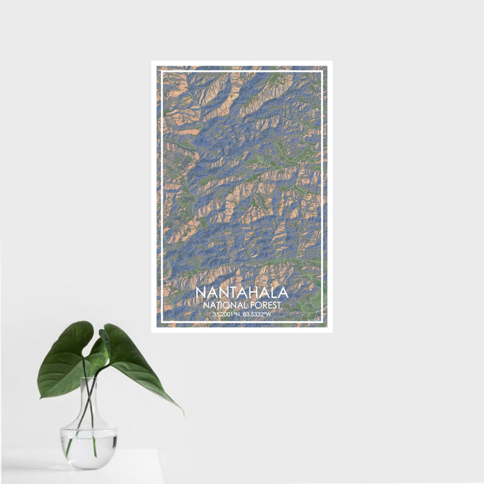 16x24 Nantahala National Forest Map Print Portrait Orientation in Afternoon Style With Tropical Plant Leaves in Water