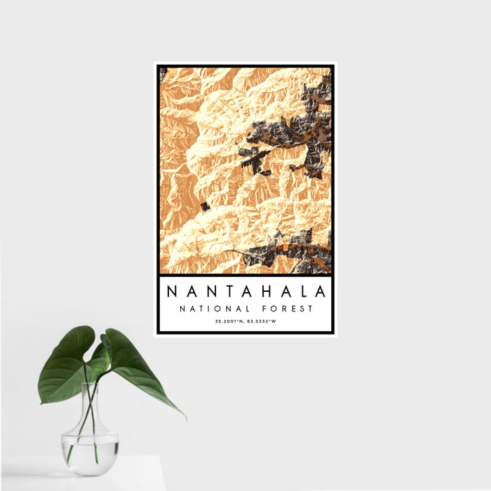 16x24 Nantahala National Forest Map Print Portrait Orientation in Ember Style With Tropical Plant Leaves in Water