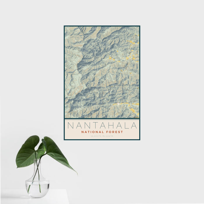 16x24 Nantahala National Forest Map Print Portrait Orientation in Woodblock Style With Tropical Plant Leaves in Water