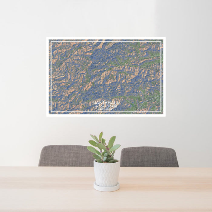 24x36 Nantahala National Forest Map Print Lanscape Orientation in Afternoon Style Behind 2 Chairs Table and Potted Plant