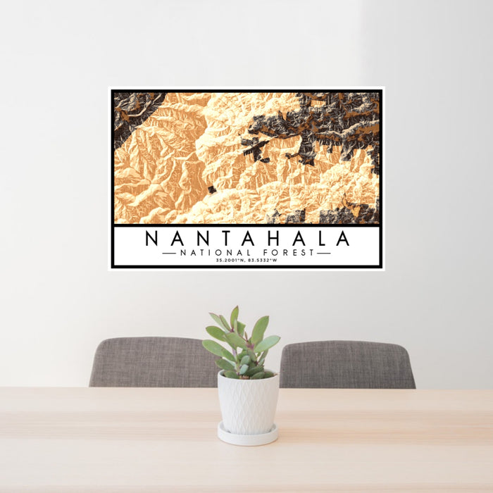 24x36 Nantahala National Forest Map Print Lanscape Orientation in Ember Style Behind 2 Chairs Table and Potted Plant