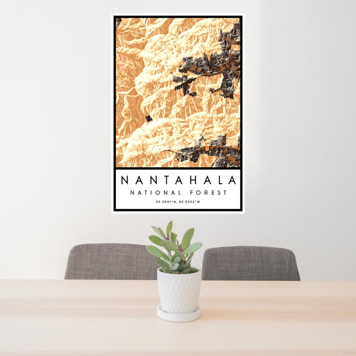 24x36 Nantahala National Forest Map Print Portrait Orientation in Ember Style Behind 2 Chairs Table and Potted Plant