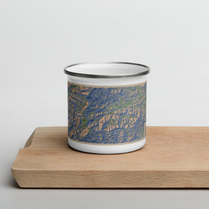 Front View Custom Nantahala National Forest Map Enamel Mug in Afternoon on Cutting Board