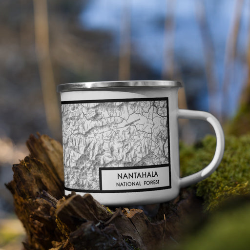Right View Custom Nantahala National Forest Map Enamel Mug in Classic on Grass With Trees in Background