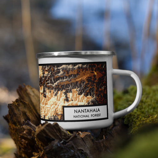 Right View Custom Nantahala National Forest Map Enamel Mug in Ember on Grass With Trees in Background