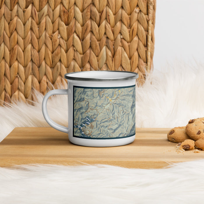 Left View Custom Nantahala National Forest Map Enamel Mug in Woodblock on Table Top