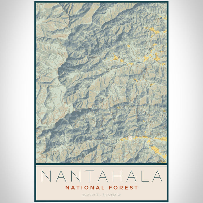 Nantahala National Forest Map Print Portrait Orientation in Woodblock Style With Shaded Background