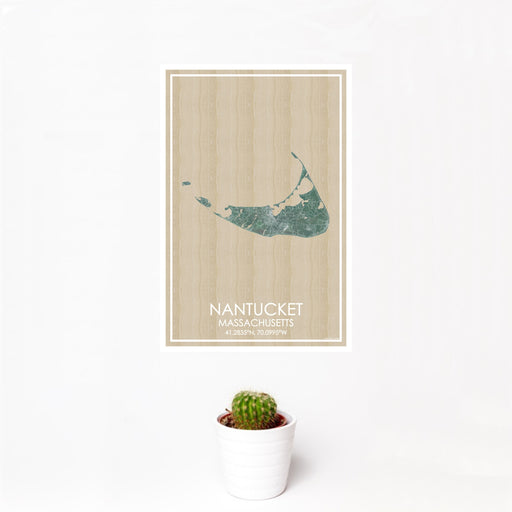 12x18 Nantucket Massachusetts Map Print Portrait Orientation in Afternoon Style With Small Cactus Plant in White Planter