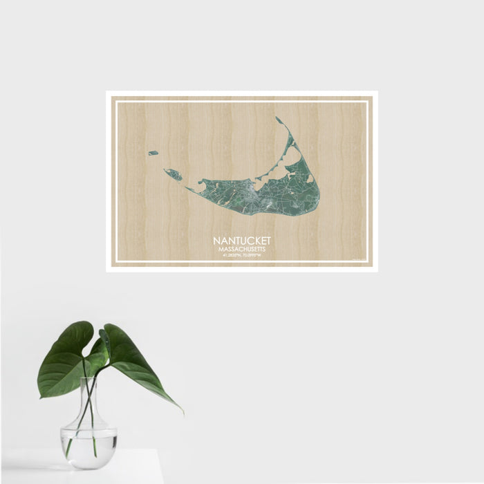 16x24 Nantucket Massachusetts Map Print Landscape Orientation in Afternoon Style With Tropical Plant Leaves in Water
