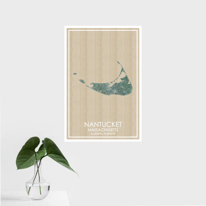 16x24 Nantucket Massachusetts Map Print Portrait Orientation in Afternoon Style With Tropical Plant Leaves in Water