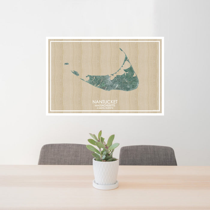 24x36 Nantucket Massachusetts Map Print Lanscape Orientation in Afternoon Style Behind 2 Chairs Table and Potted Plant