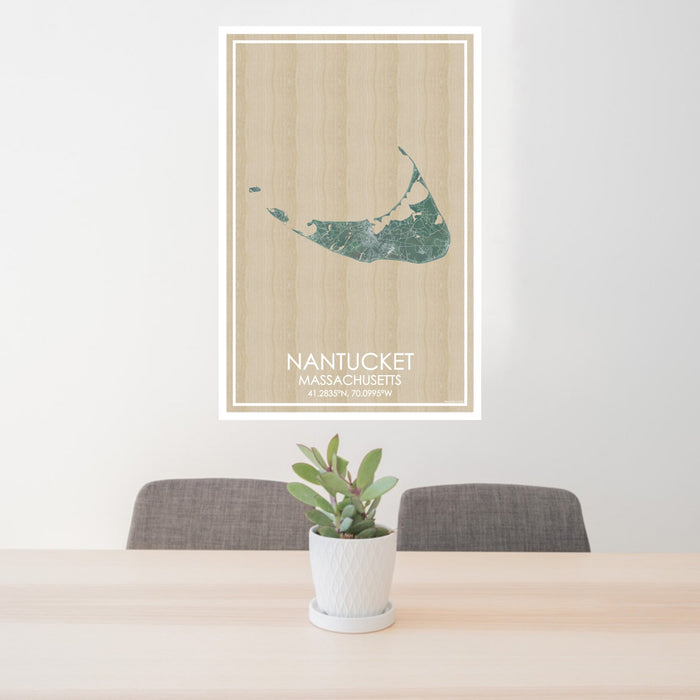 24x36 Nantucket Massachusetts Map Print Portrait Orientation in Afternoon Style Behind 2 Chairs Table and Potted Plant