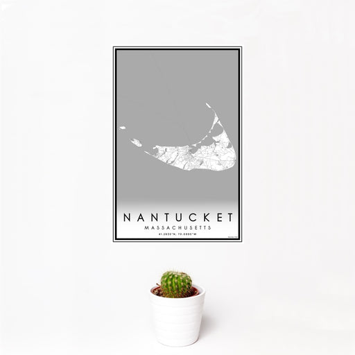12x18 Nantucket Massachusetts Map Print Portrait Orientation in Classic Style With Small Cactus Plant in White Planter