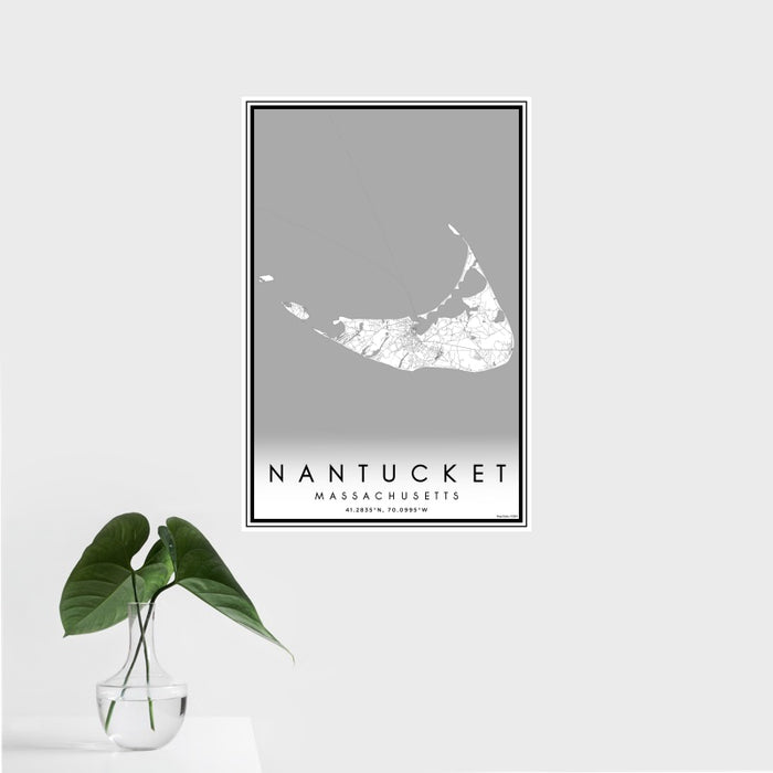 16x24 Nantucket Massachusetts Map Print Portrait Orientation in Classic Style With Tropical Plant Leaves in Water