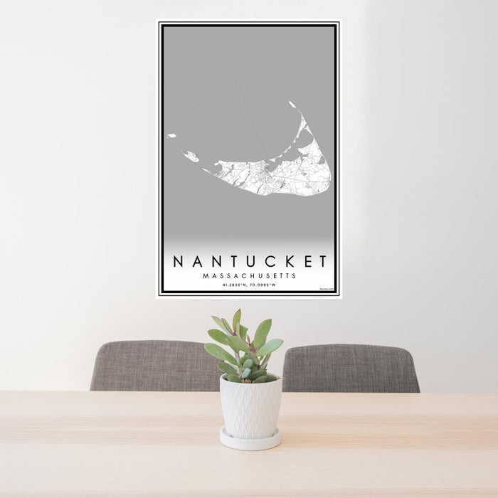24x36 Nantucket Massachusetts Map Print Portrait Orientation in Classic Style Behind 2 Chairs Table and Potted Plant