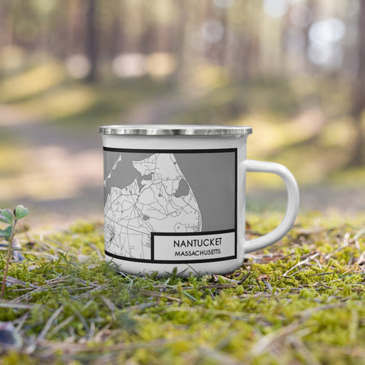 Right View Custom Nantucket Massachusetts Map Enamel Mug in Classic on Grass With Trees in Background