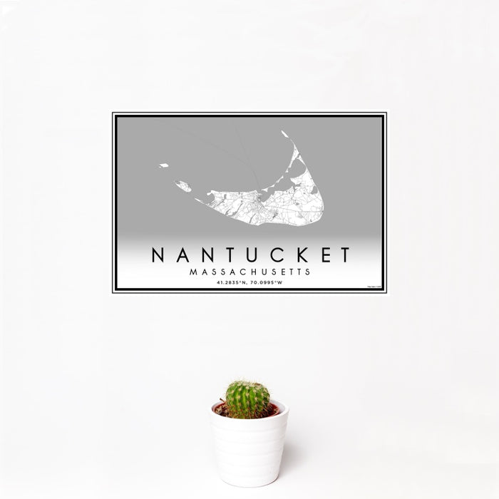 12x18 Nantucket Massachusetts Map Print Landscape Orientation in Classic Style With Small Cactus Plant in White Planter