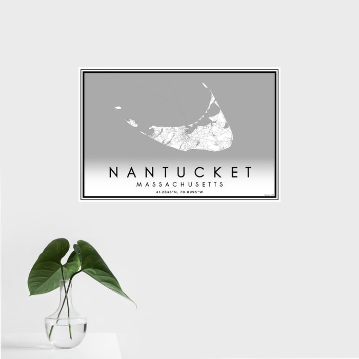 16x24 Nantucket Massachusetts Map Print Landscape Orientation in Classic Style With Tropical Plant Leaves in Water