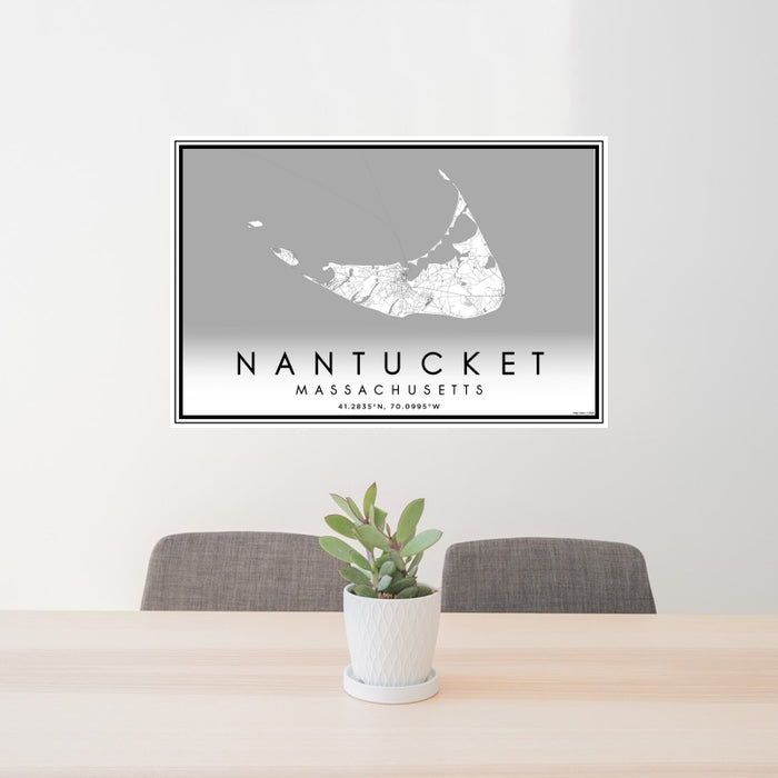 24x36 Nantucket Massachusetts Map Print Landscape Orientation in Classic Style Behind 2 Chairs Table and Potted Plant