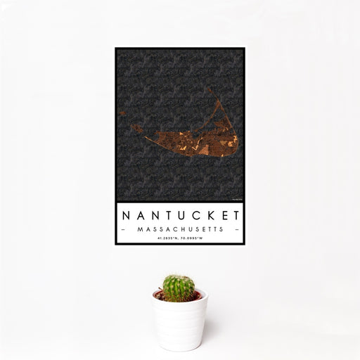 12x18 Nantucket Massachusetts Map Print Portrait Orientation in Ember Style With Small Cactus Plant in White Planter