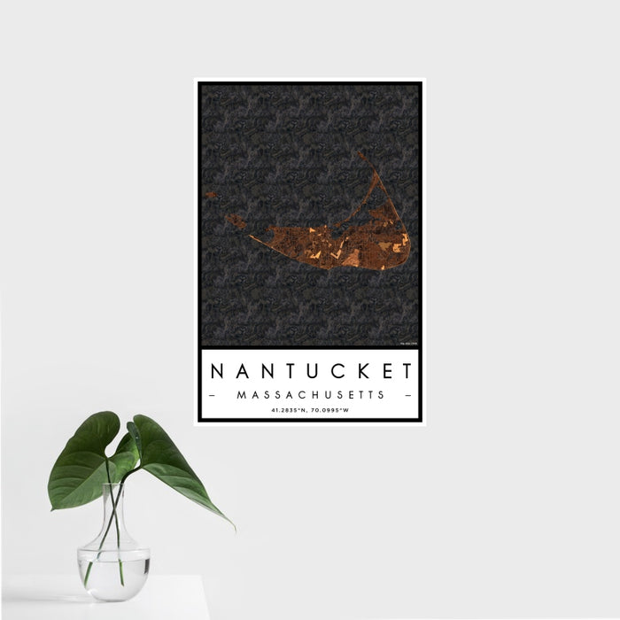 16x24 Nantucket Massachusetts Map Print Portrait Orientation in Ember Style With Tropical Plant Leaves in Water