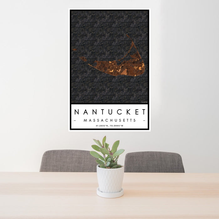 24x36 Nantucket Massachusetts Map Print Portrait Orientation in Ember Style Behind 2 Chairs Table and Potted Plant