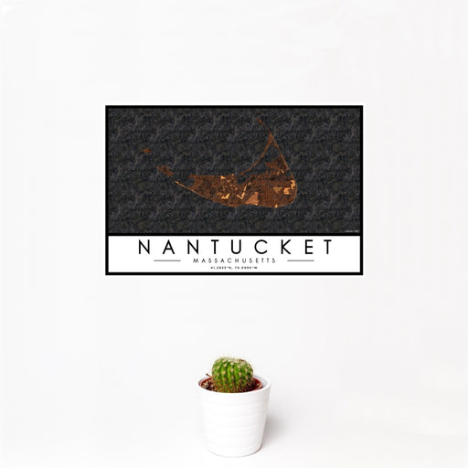 12x18 Nantucket Massachusetts Map Print Landscape Orientation in Ember Style With Small Cactus Plant in White Planter