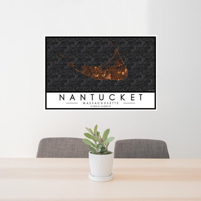 24x36 Nantucket Massachusetts Map Print Landscape Orientation in Ember Style Behind 2 Chairs Table and Potted Plant