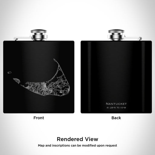 Rendered View of Nantucket Massachusetts Map Engraving on 6oz Stainless Steel Flask in Black