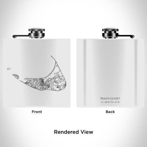 Rendered View of Nantucket Massachusetts Map Engraving on 6oz Stainless Steel Flask in White