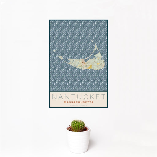 12x18 Nantucket Massachusetts Map Print Portrait Orientation in Woodblock Style With Small Cactus Plant in White Planter
