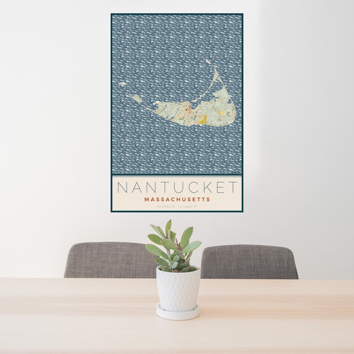 24x36 Nantucket Massachusetts Map Print Portrait Orientation in Woodblock Style Behind 2 Chairs Table and Potted Plant