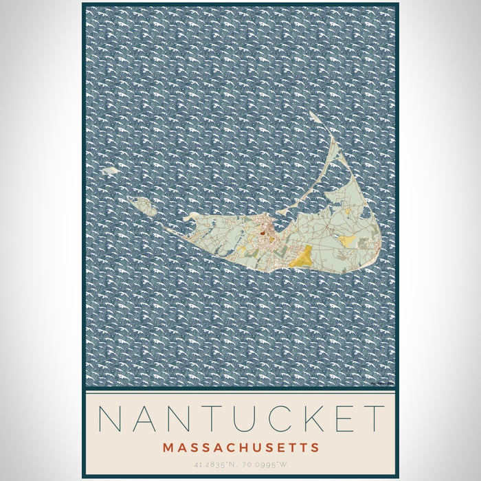 Nantucket Massachusetts Map Print Portrait Orientation in Woodblock Style With Shaded Background