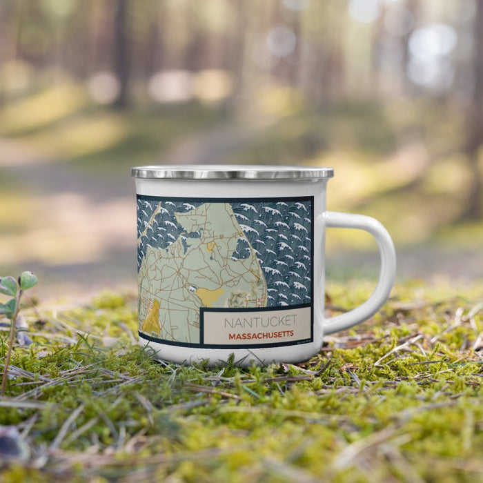 Right View Custom Nantucket Massachusetts Map Enamel Mug in Woodblock on Grass With Trees in Background