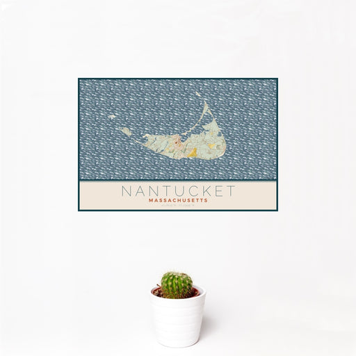 12x18 Nantucket Massachusetts Map Print Landscape Orientation in Woodblock Style With Small Cactus Plant in White Planter