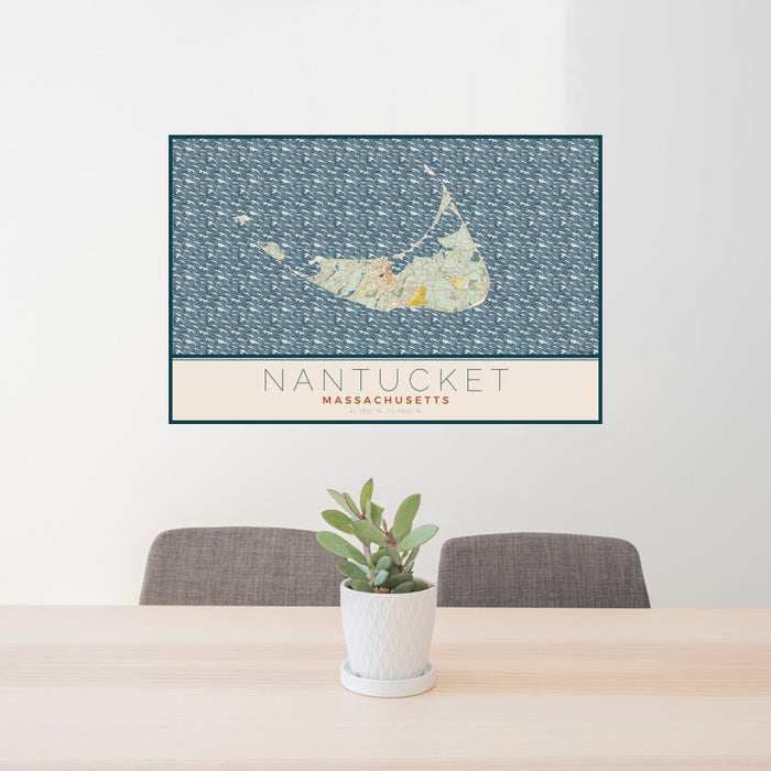 24x36 Nantucket Massachusetts Map Print Landscape Orientation in Woodblock Style Behind 2 Chairs Table and Potted Plant